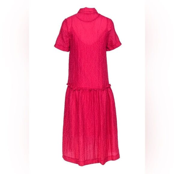 Anthropologie Exquise Deep Raspberry Pink Drop Waist Button-Front Mid Dress - Picture 9 of 9